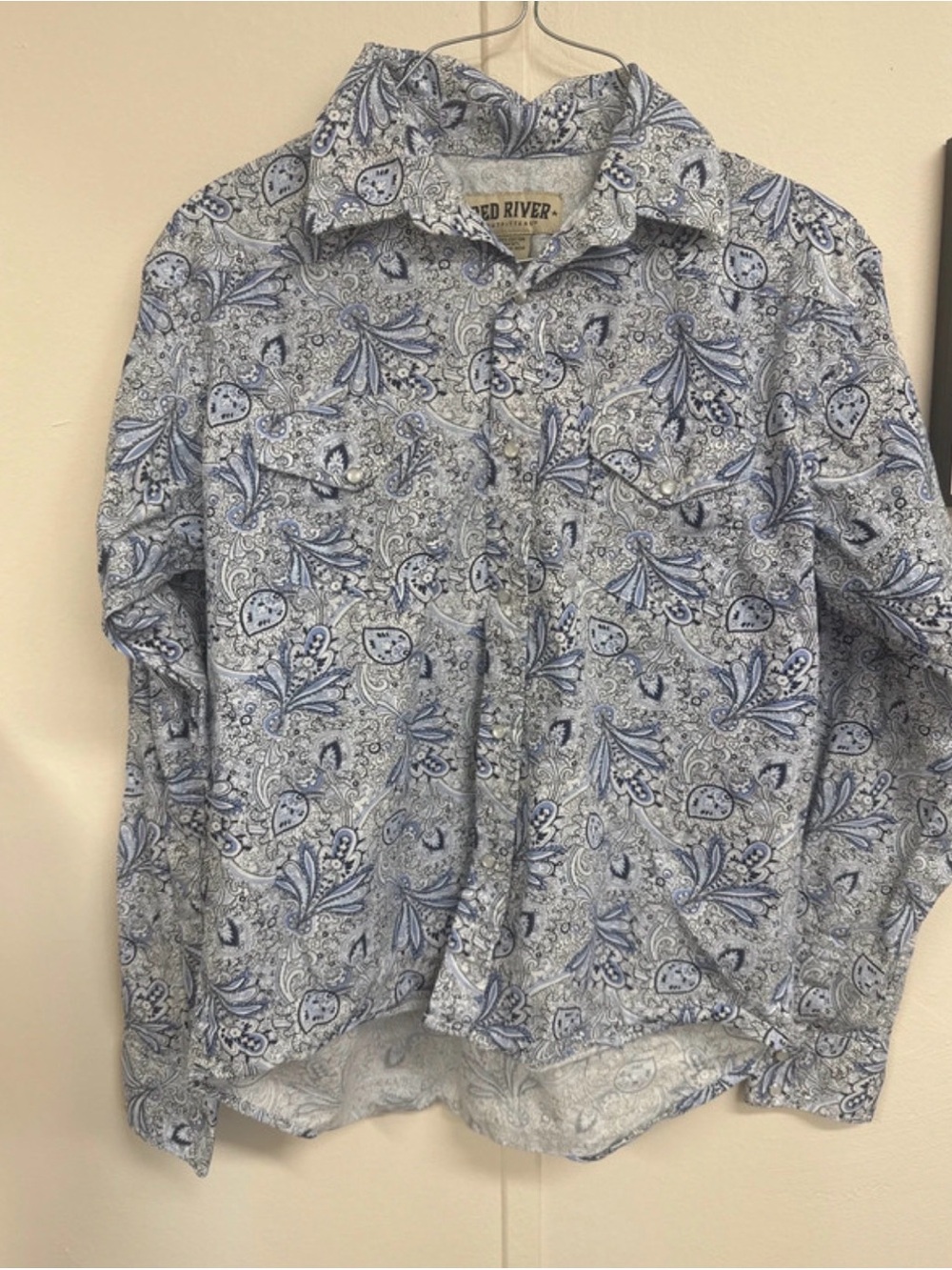 Womens Blue Paisley Button-Up Shirt